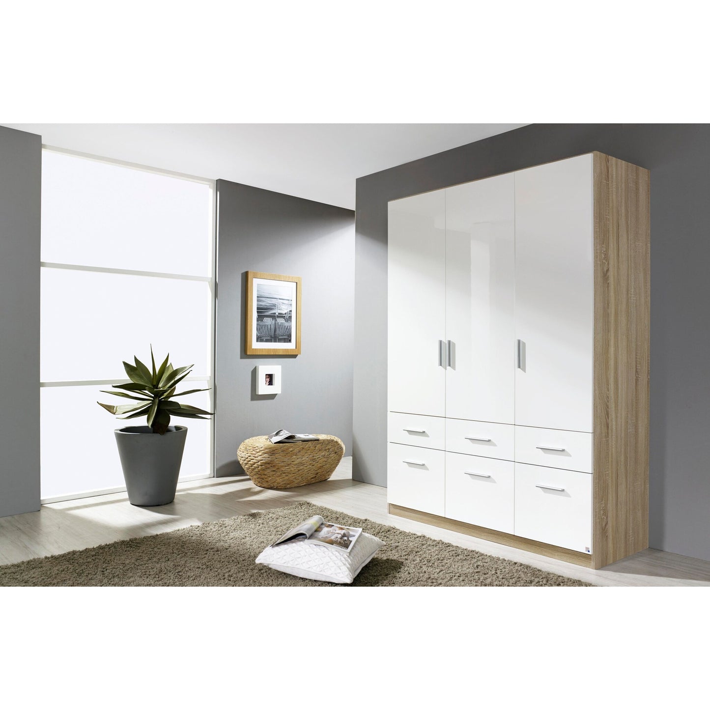 Rauch Celle High Gloss White 3 Door Wardrobe with Drawers