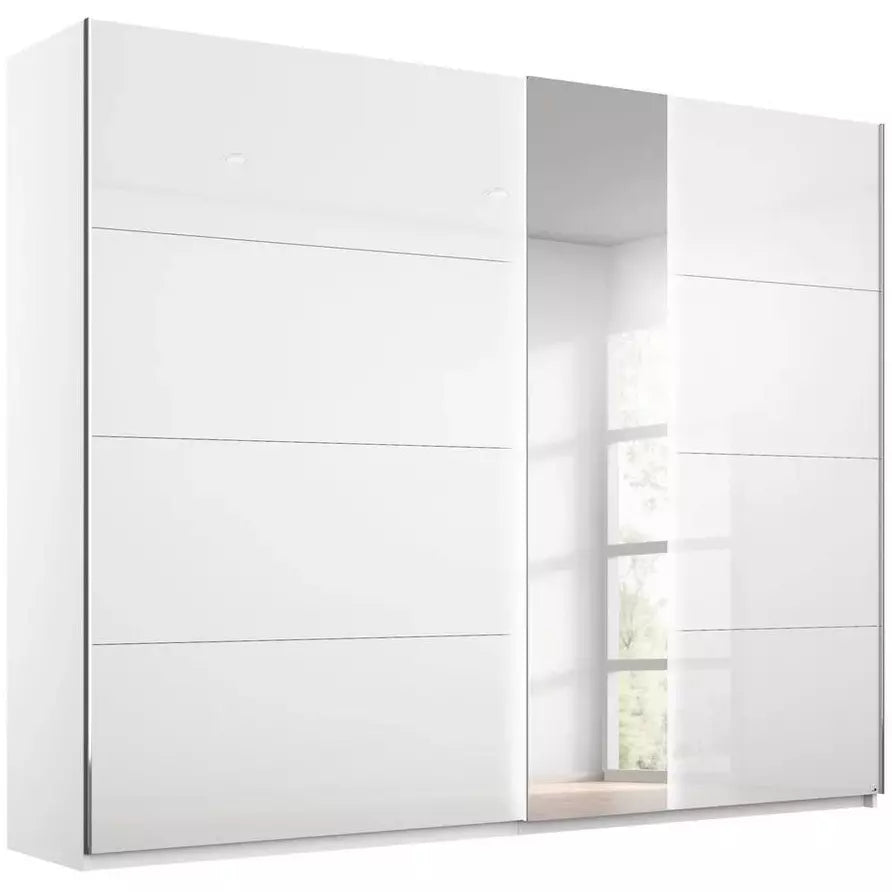 Rauch Miramar Sliding Door Wardrobe White Glass with Mirror Lights