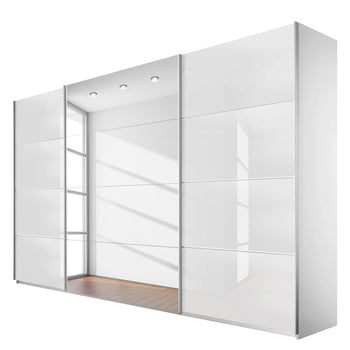 Rauch Quadra Sliding Door Wardrobe High Gloss White with Stripe Mirrors 315cm